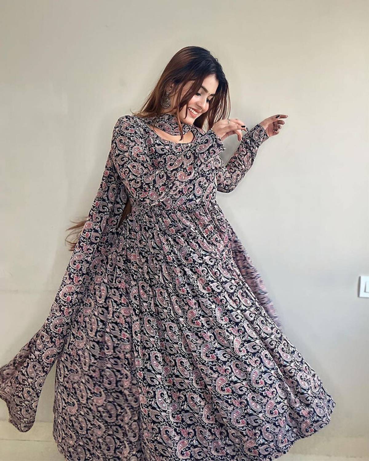 Envi Women Printed Georgette Anarkali Kurta With Attached Dupatta