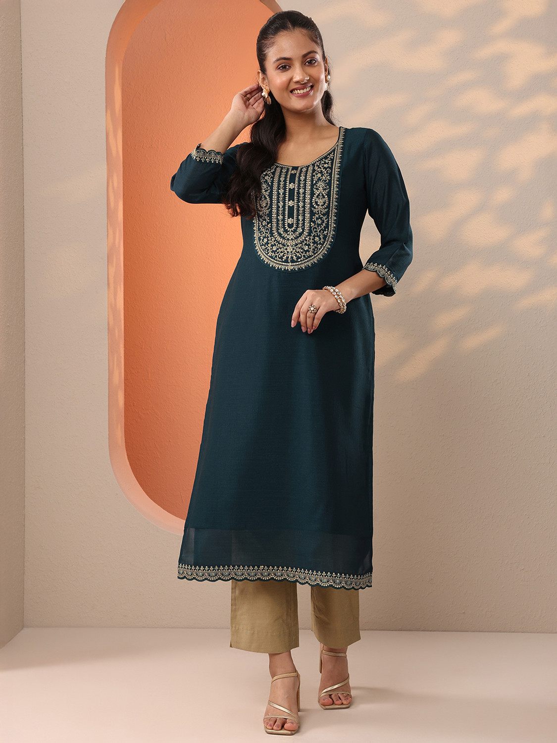 Image of LIBAS Embroidered Silk Blend Straight Kurta for Women (Blue)