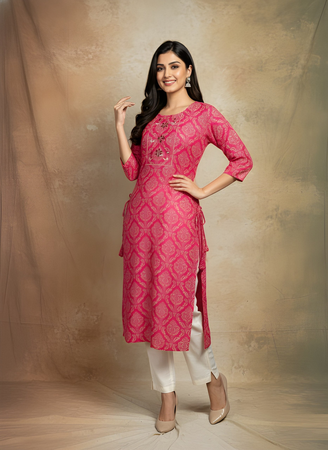 Image of Leeza Store Women Printed, Geometric Print, Embellished, Embroidered Straight Kurta