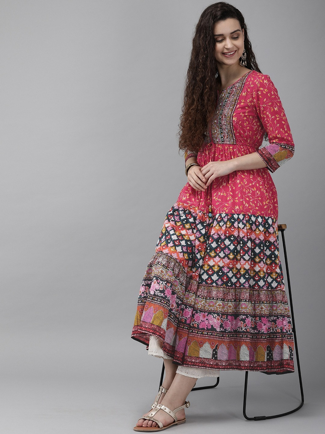 Image of Rain & Rainbow Printed, Floral Print, Geometric Print, Animal Print Pure Cotton Anarkali Kurta for Women (Pink)