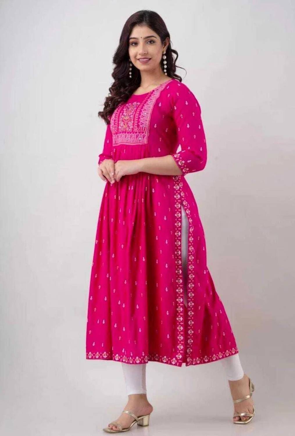 RadhikaKurtis Women Printed Viscose Rayon A-line Kurta (Pink)