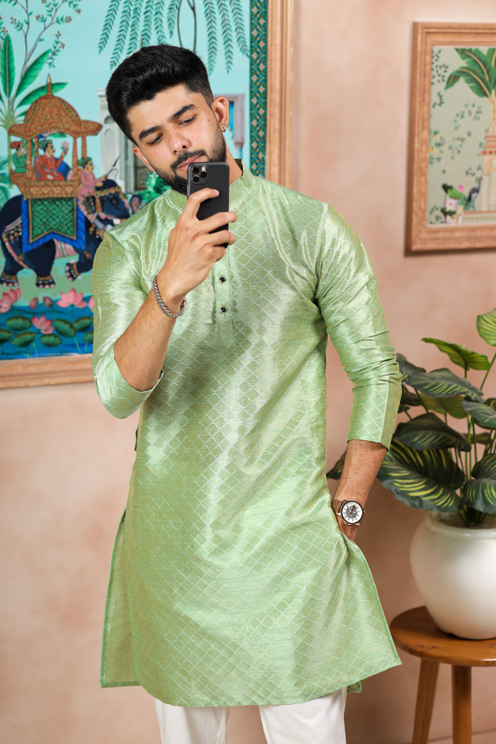Image of Koshin Men Self Design Straight Kurta