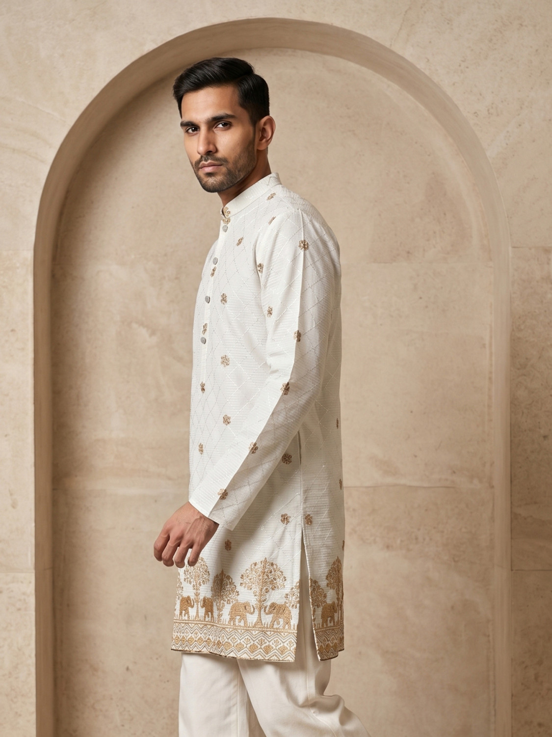 Image of Jompers Embroidered Cotton Blend Straight Kurta for Men (White)