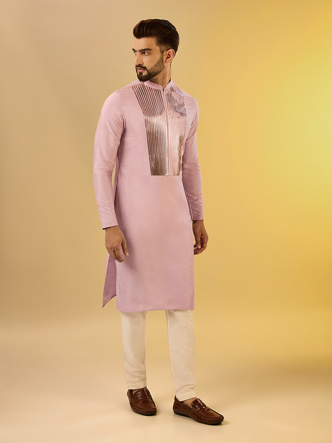 Image of Kisah Embellished Cotton Blend Straight Kurta for Men (Pink)