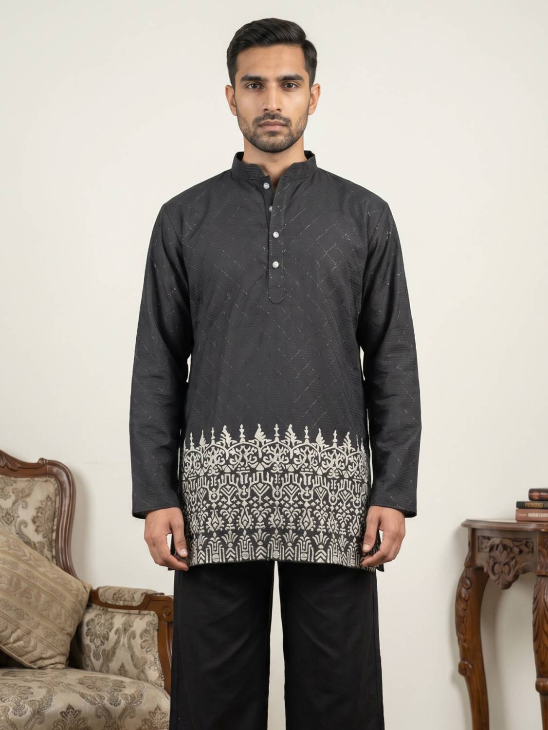 Jompers Men Embroidered Straight Kurta Black - Image 4