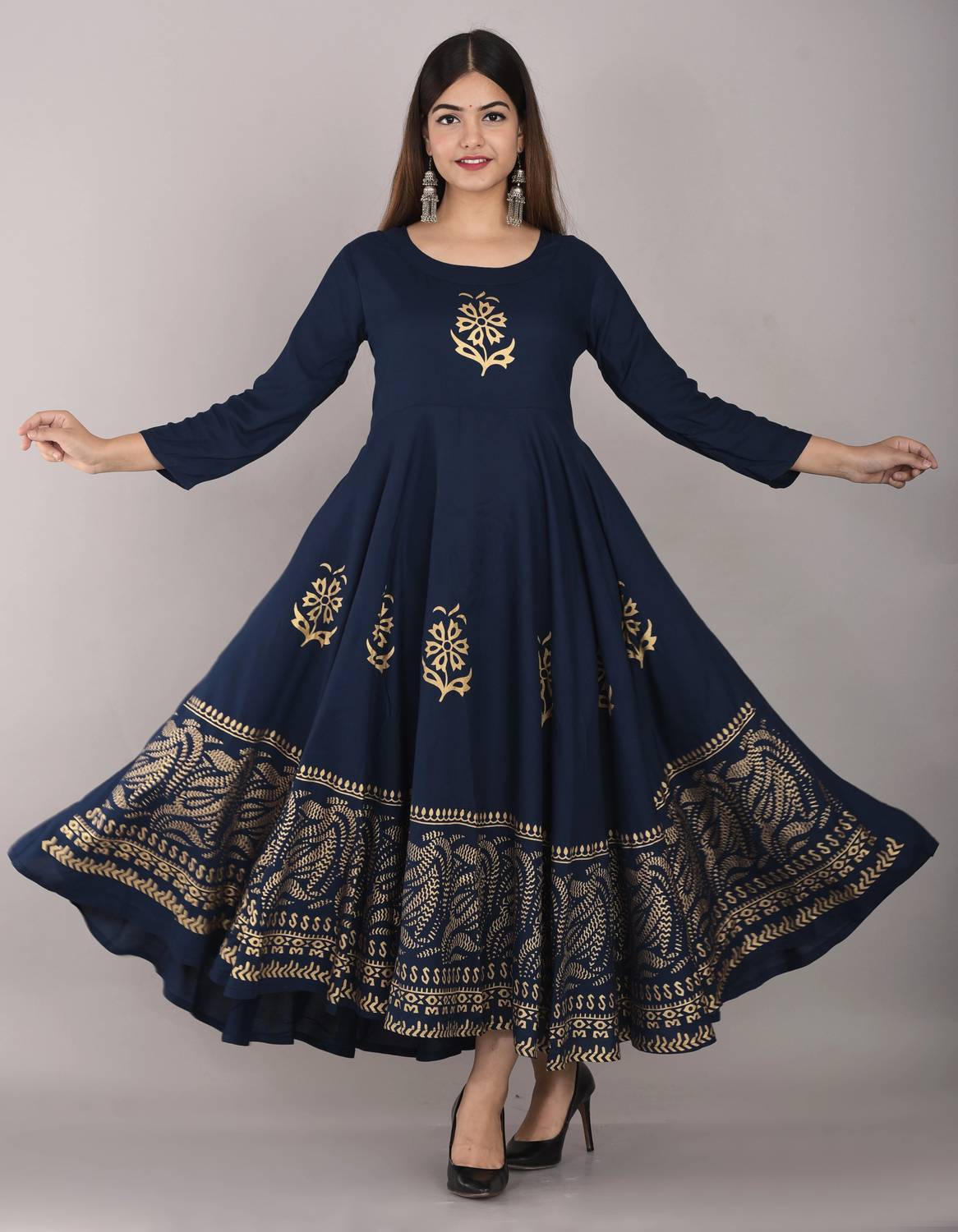 Lee Moda Women Printed Viscose Rayon Flared Kurta (Blue)