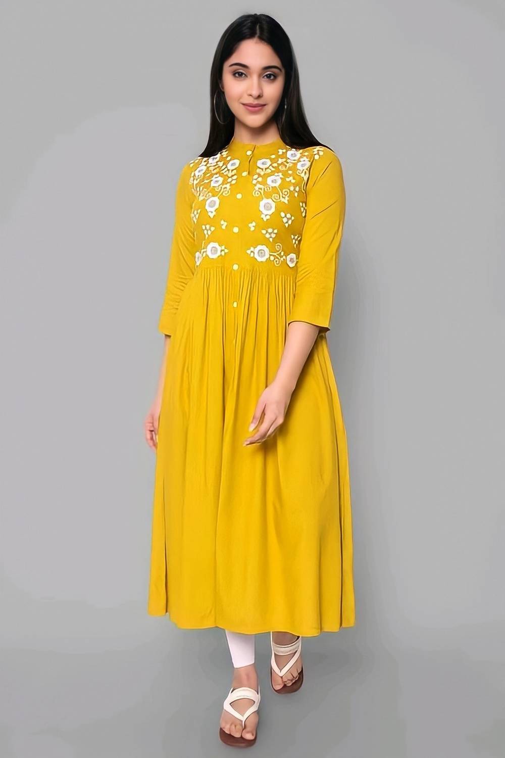 PALSIYA PRESENTS Women Printed Cotton Rayon A-line Kurta (Yellow)