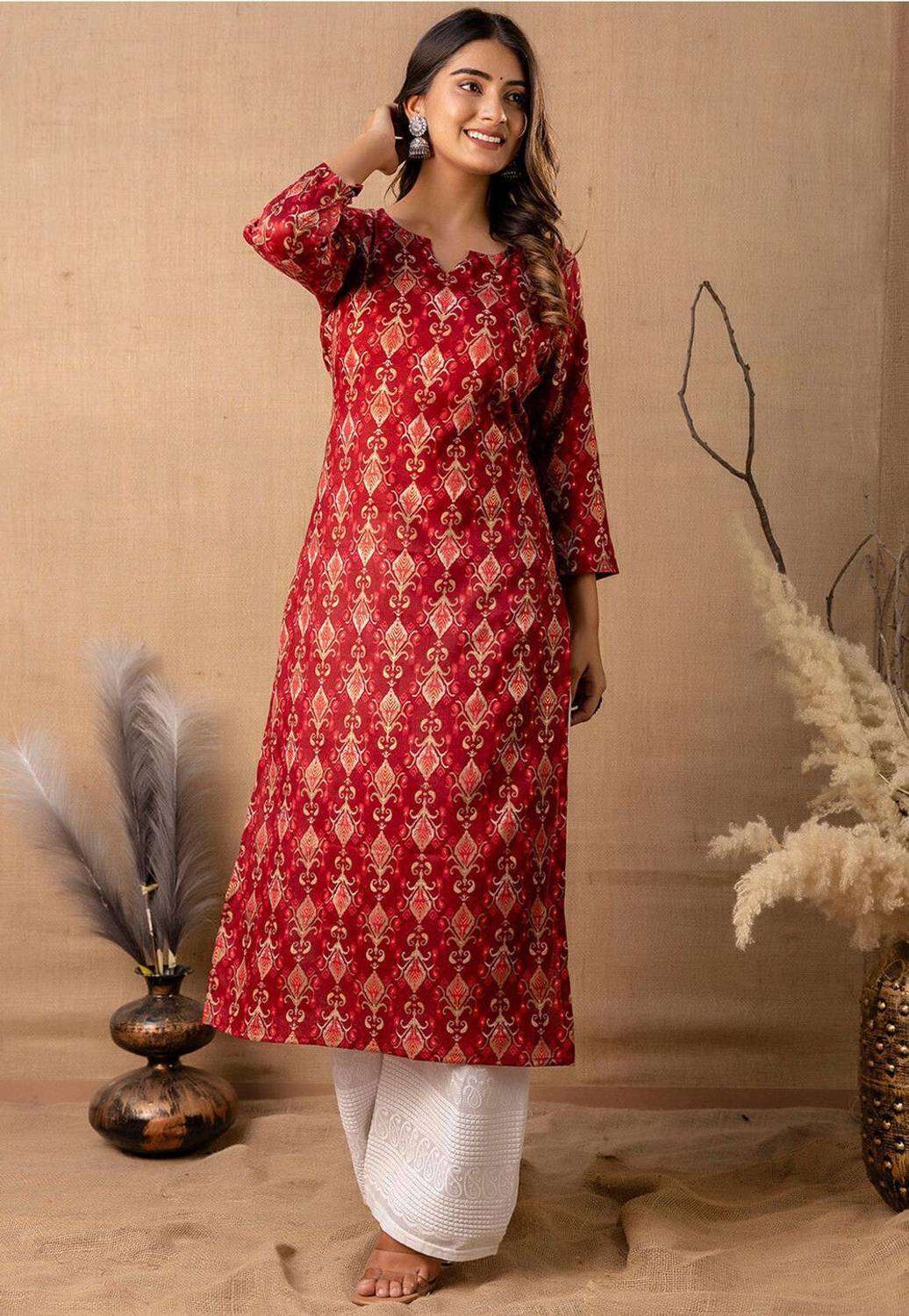 JSIMAR Women Printed Viscose Rayon Straight Kurta (Maroon)