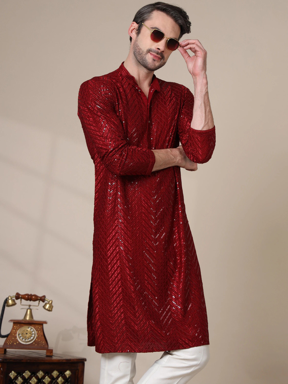 Image of ADHIRAJAN Men Embellished Straight Kurta