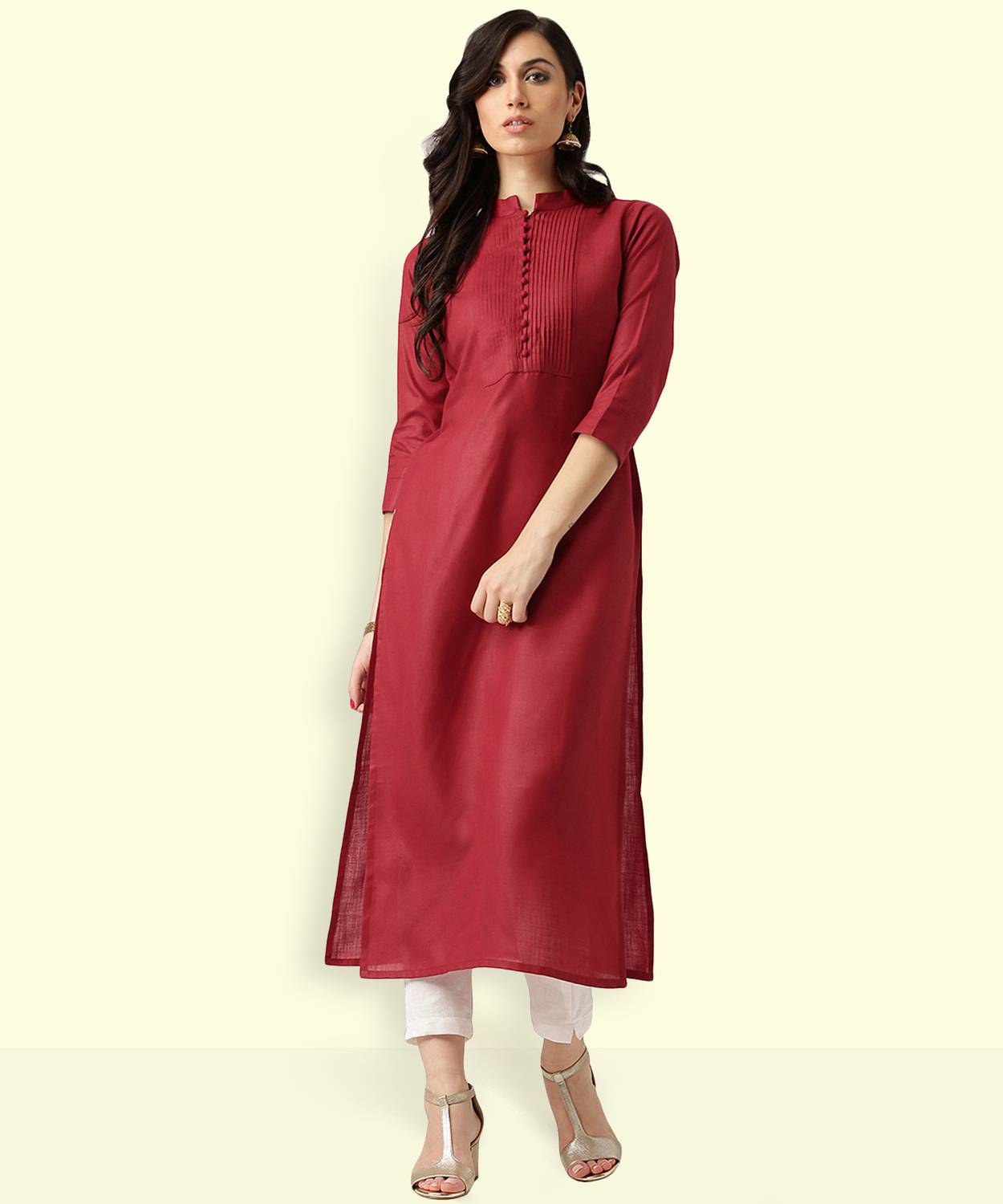 LIBAS Women Solid Cotton Blend Straight Kurta (Maroon)
