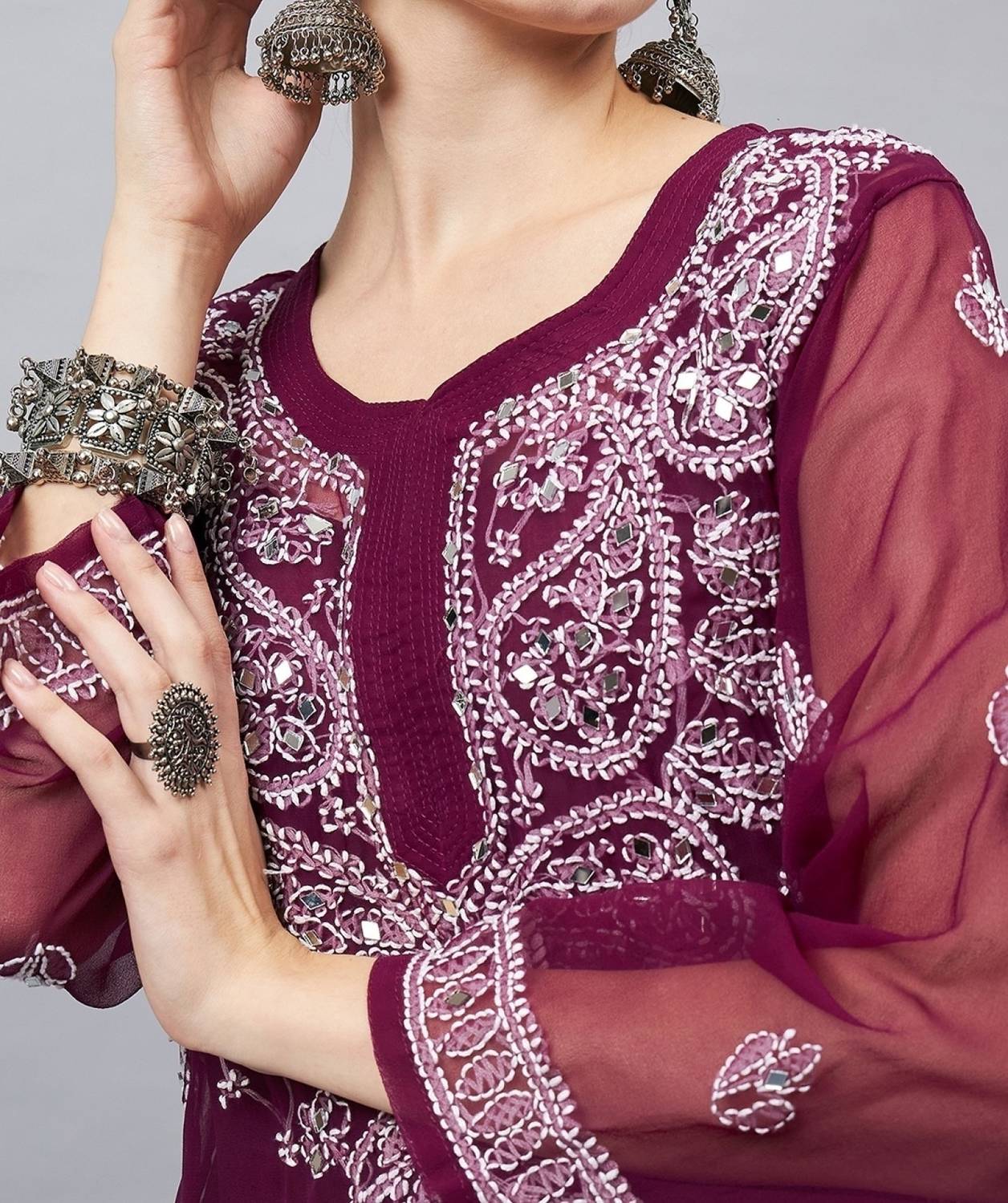 SMAfashion Women Chikan Embroidery Georgette A-line Kurta (Maroon