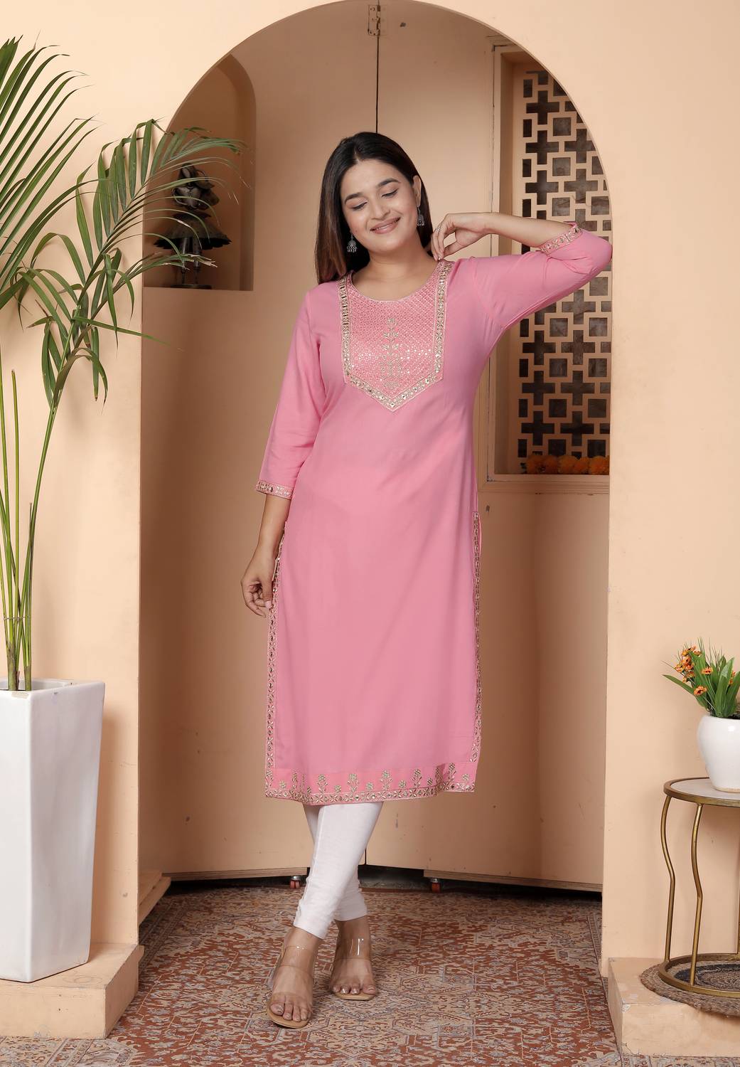 his&her Women Embroidered, Embellished Viscose Rayon Straight Kur