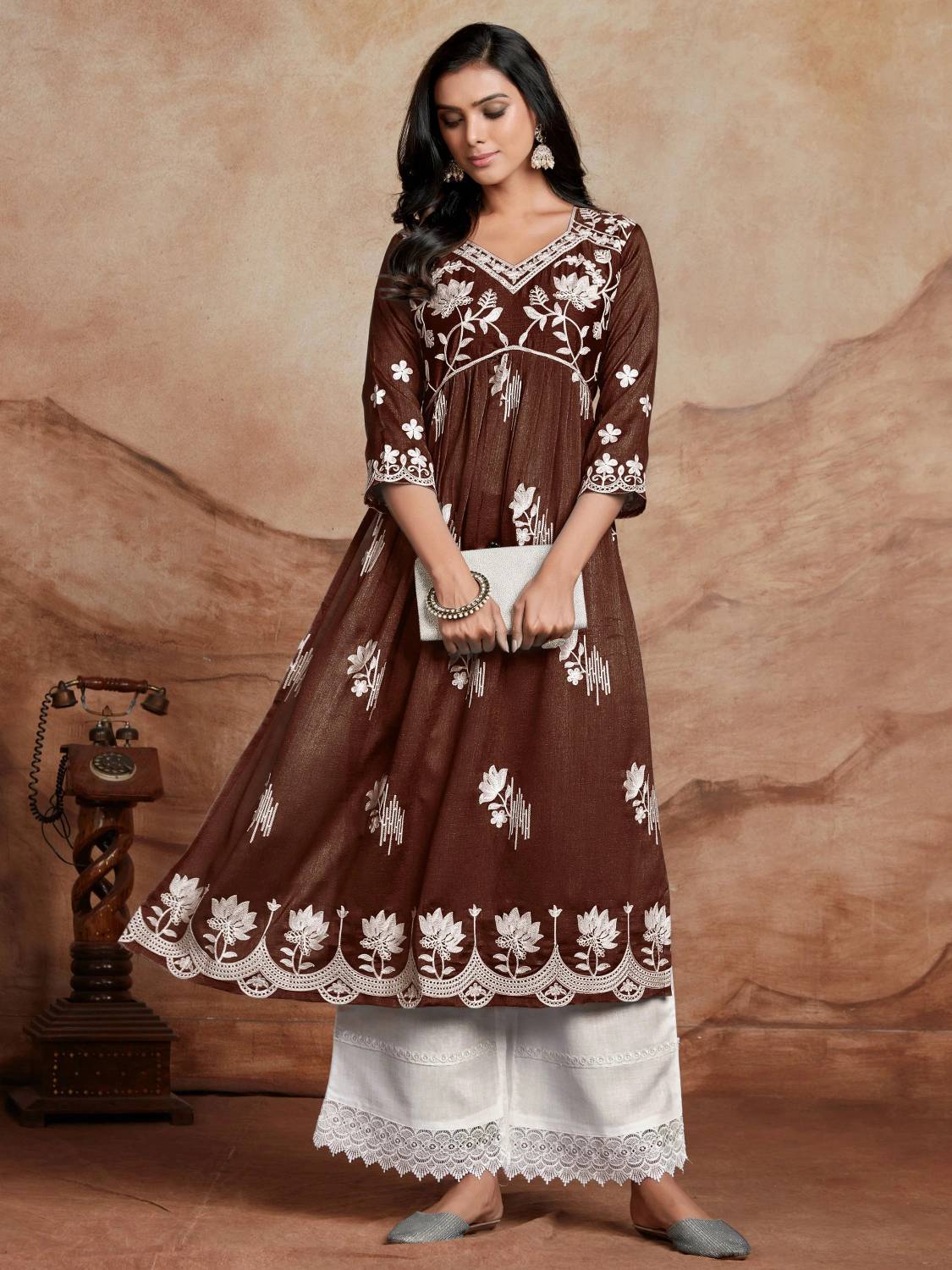 Youthnic Women Chikan Embroidery Silk Blend A-line Kurta (Brown)