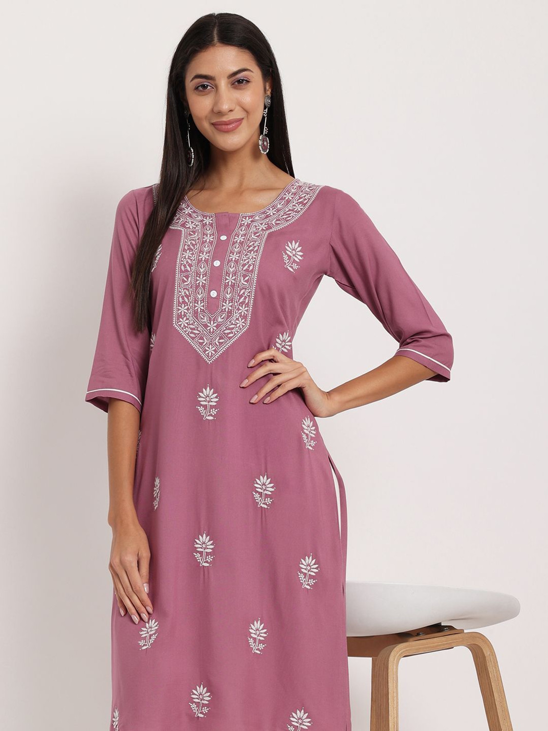 Image of ANGITA Women Chikan Embroidery A-line Kurta
