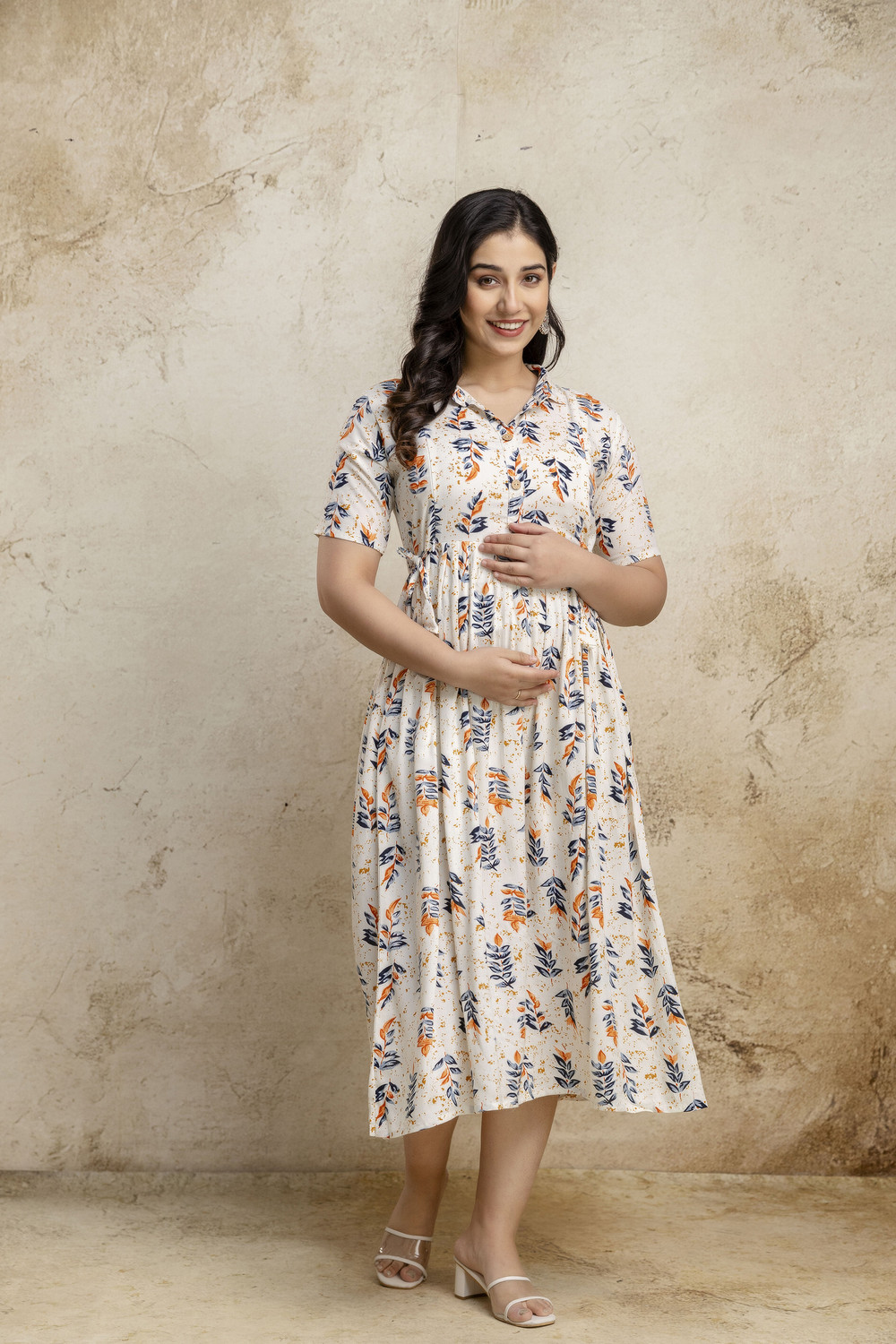 Image of Mialo fashion Women Fit and Flare Beige Midi /Calf Length Dress