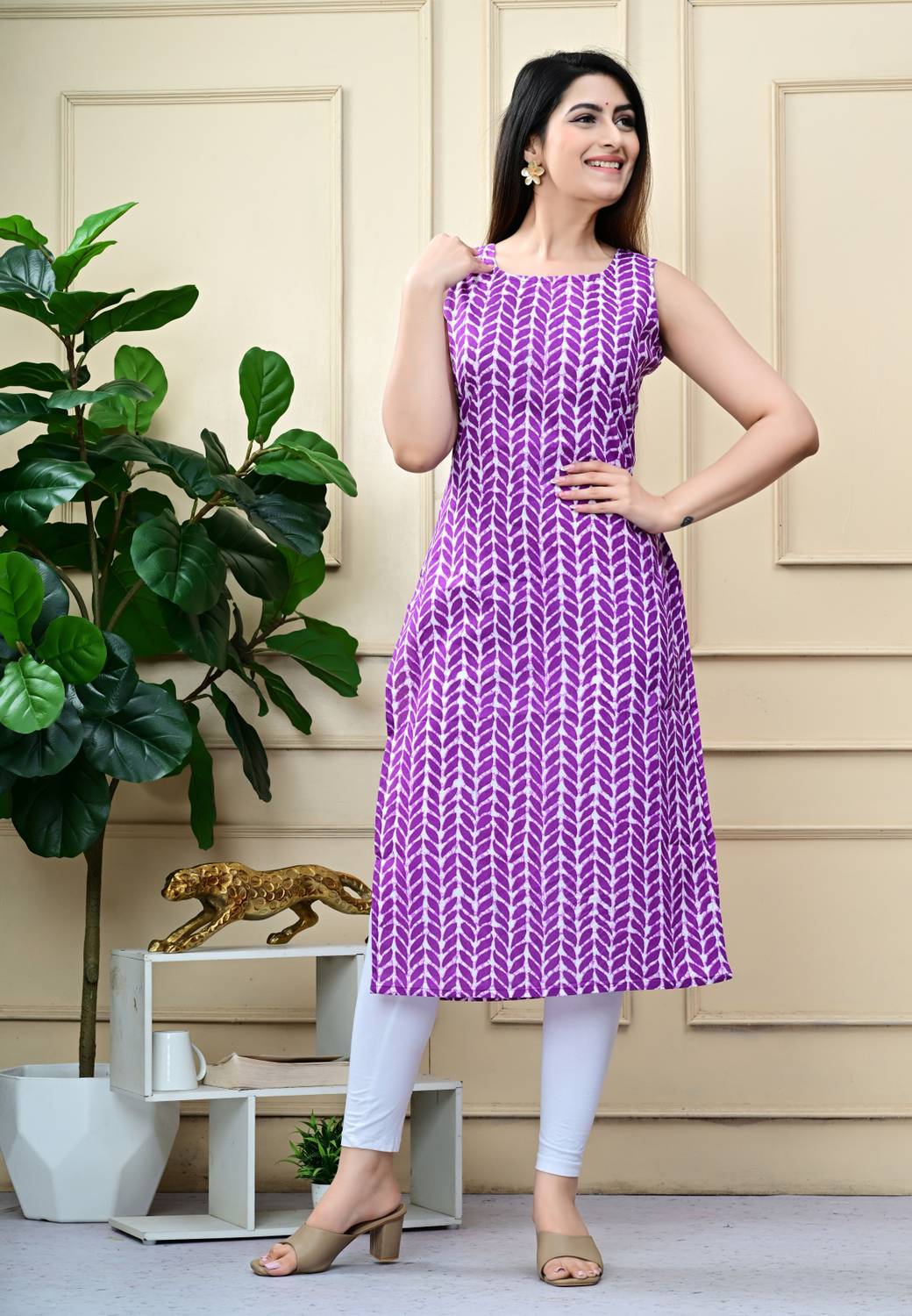rainy rose Women Printed Cotton Blend A-line Kurta (Purple)