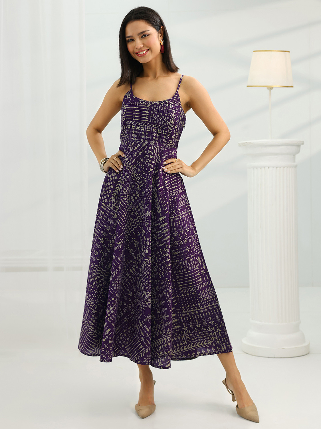 Image of LIBAS Women Fit and Flare Purple Midi /Calf Length Dress