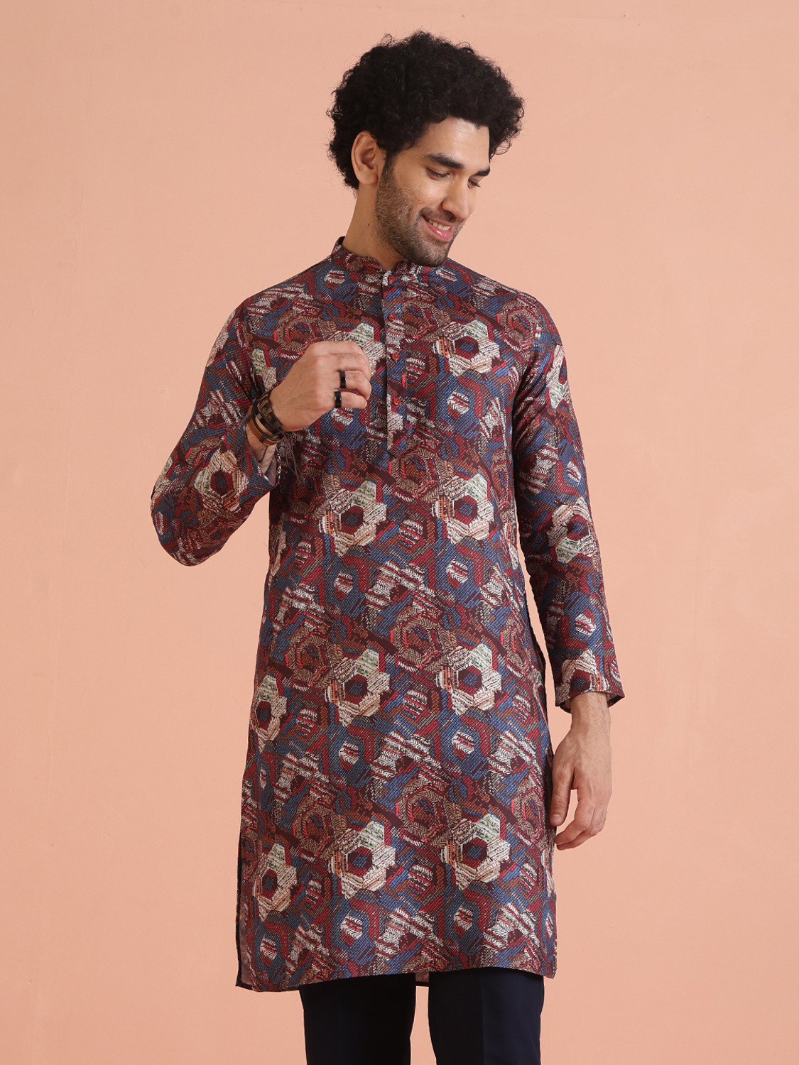 Image of Kisah Printed Cotton Blend Straight Kurta for Men (Multicolor)