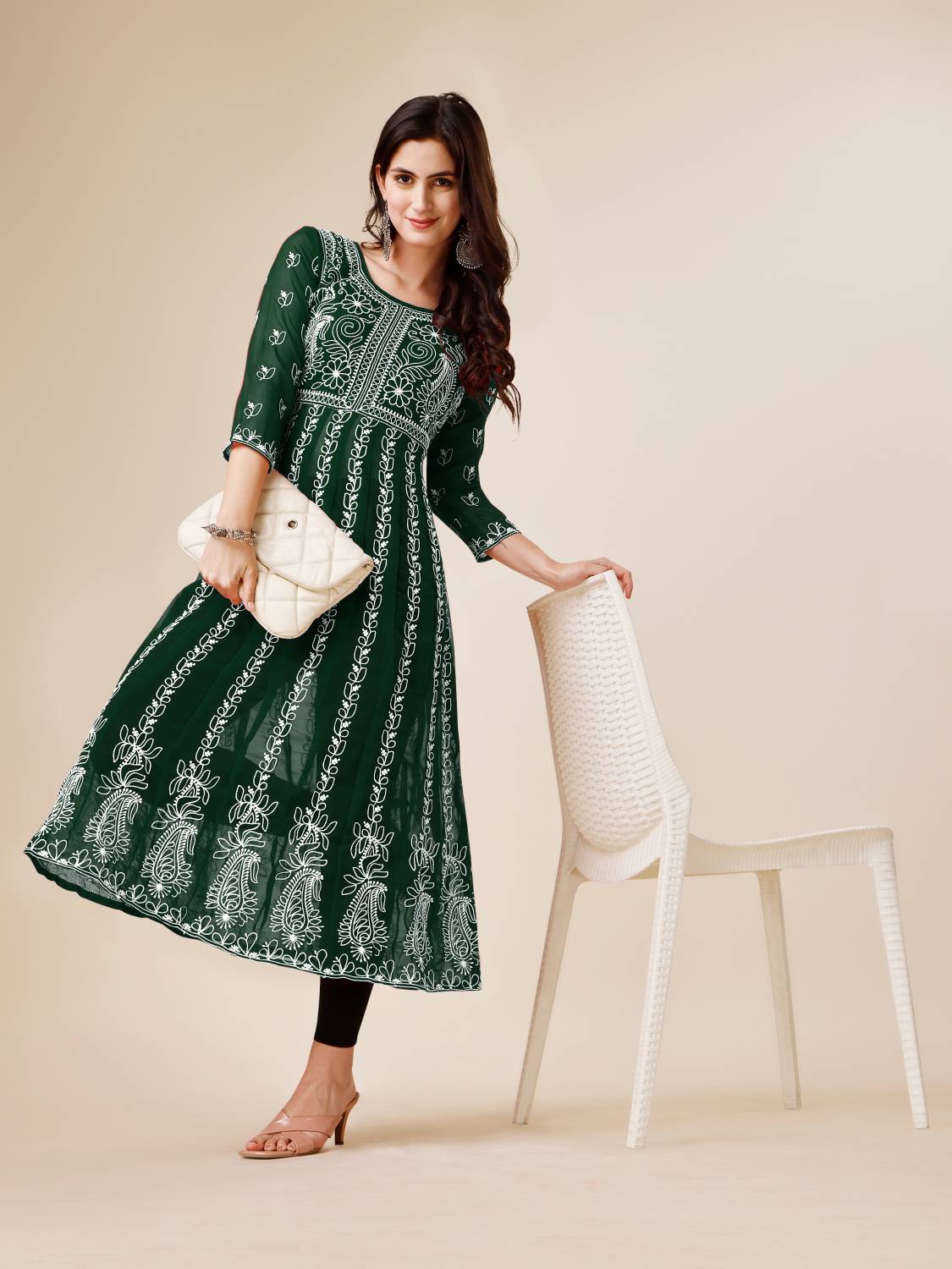 Youthnic Women Chikan Embroidery Georgette Anarkali Kurta (Dark G