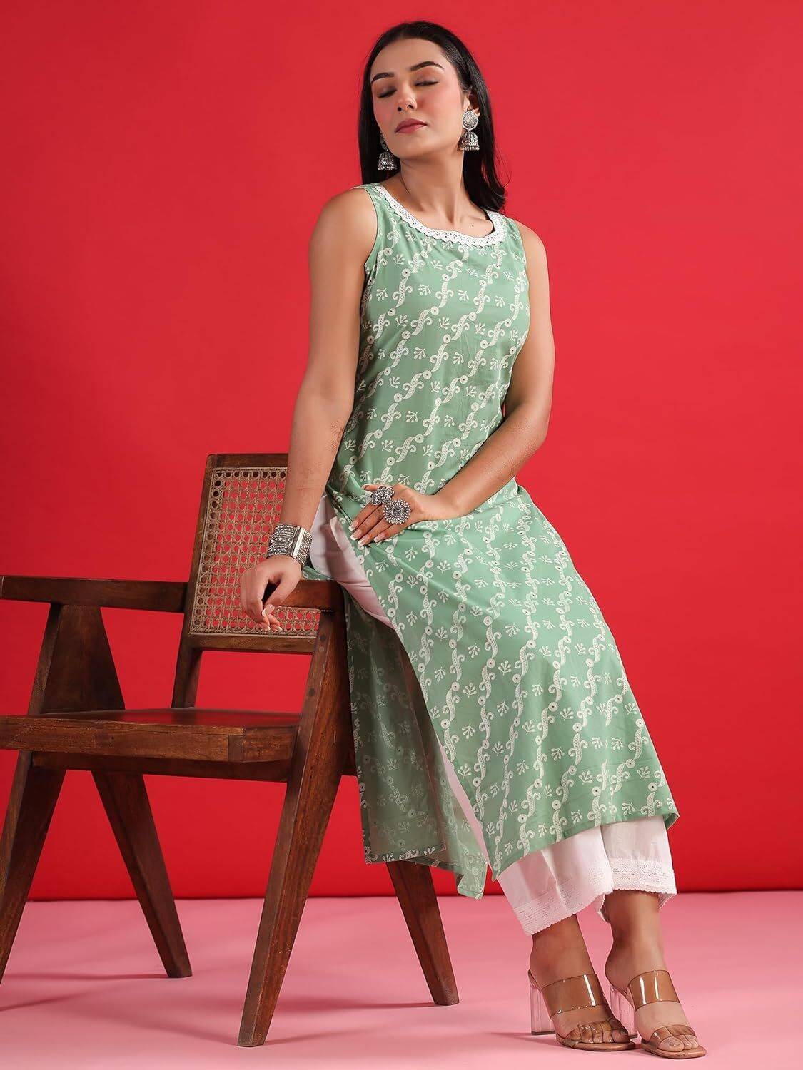 KHUSMITA FASHION Women Printed Cotton Rayon A-line Kurta (Green)