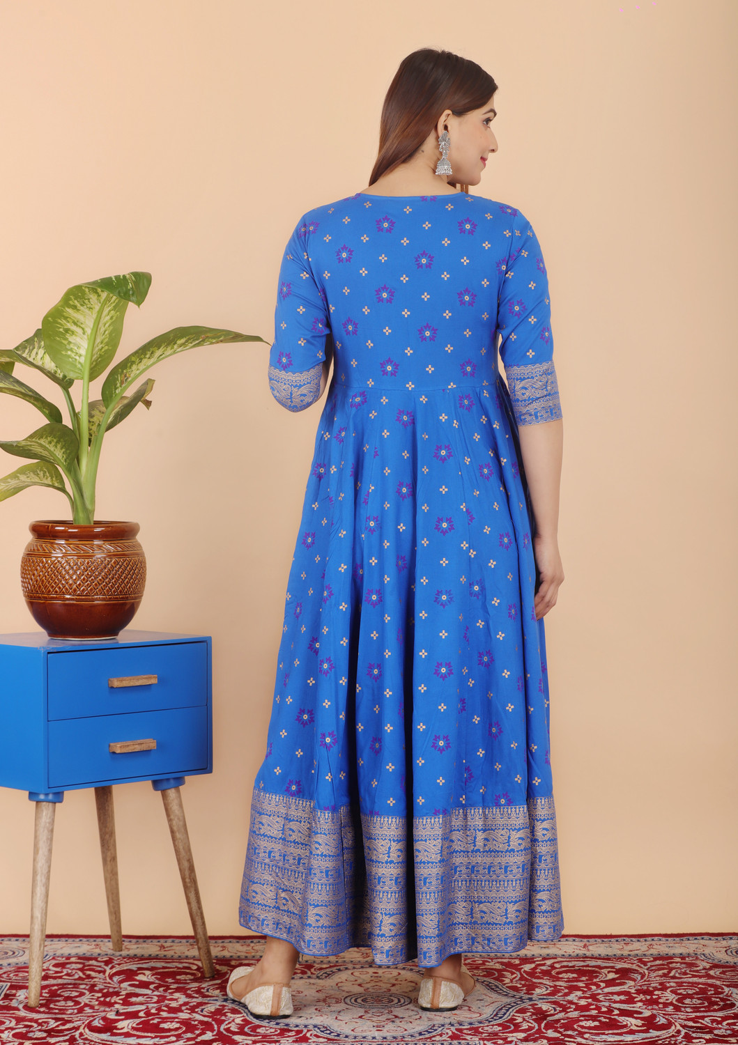 Image of AASHLEY Printed Cotton Rayon Anarkali Kurta for Women (Blue)