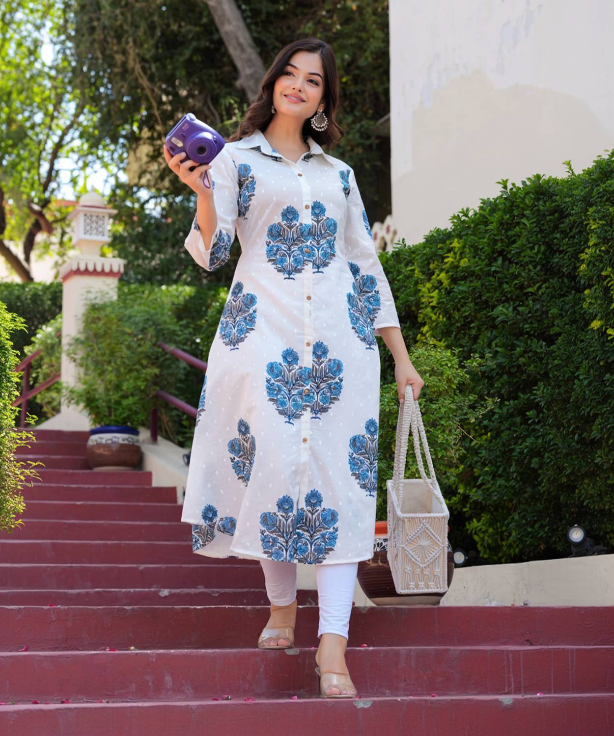 CHARVI CREATION Women Printed Cotton Rayon Frontslit Kurta (White