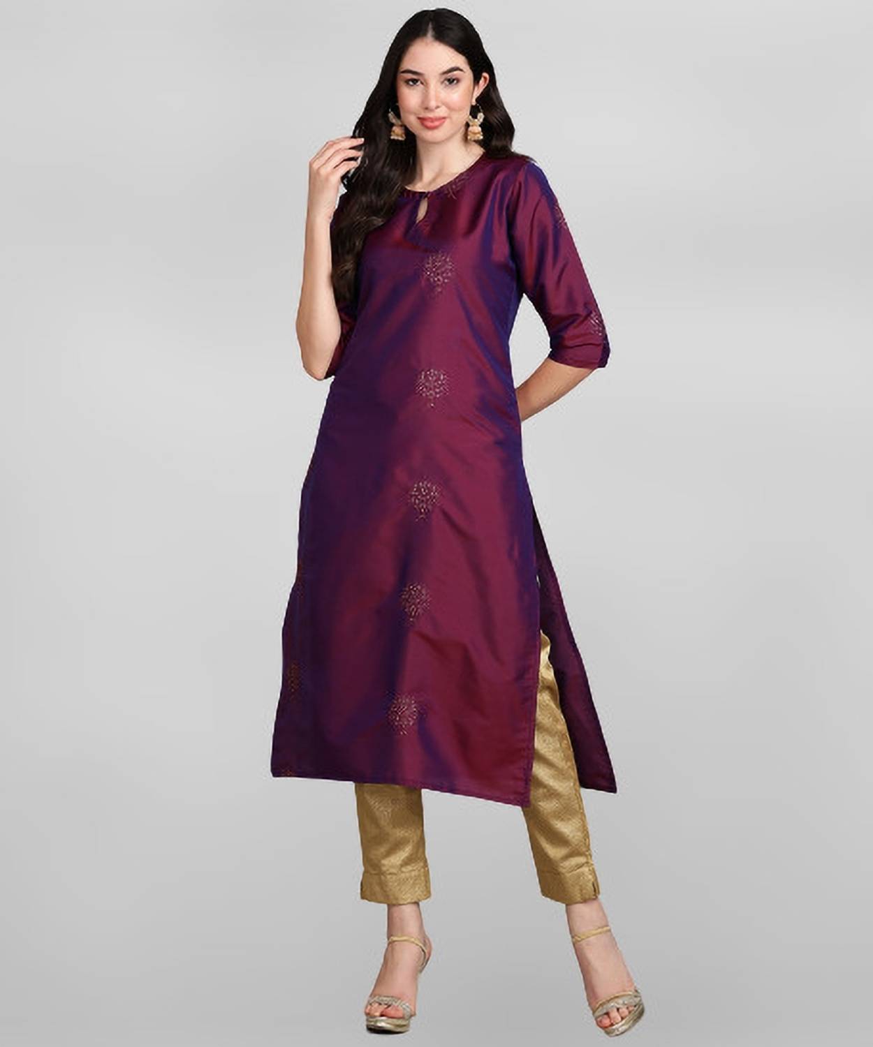 v tradition Women Embroidered Art Silk Straight Kurta (Purple)