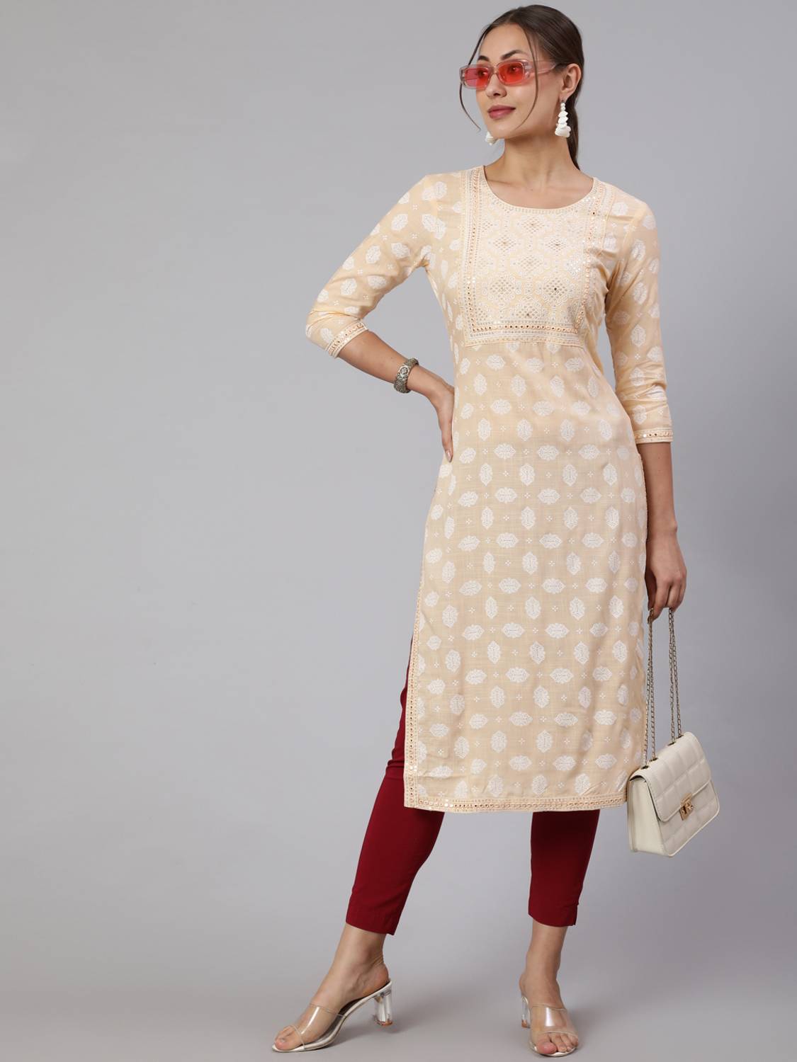STYLE ANGEL Women Embroidered Viscose Rayon Straight Kurta (Beige