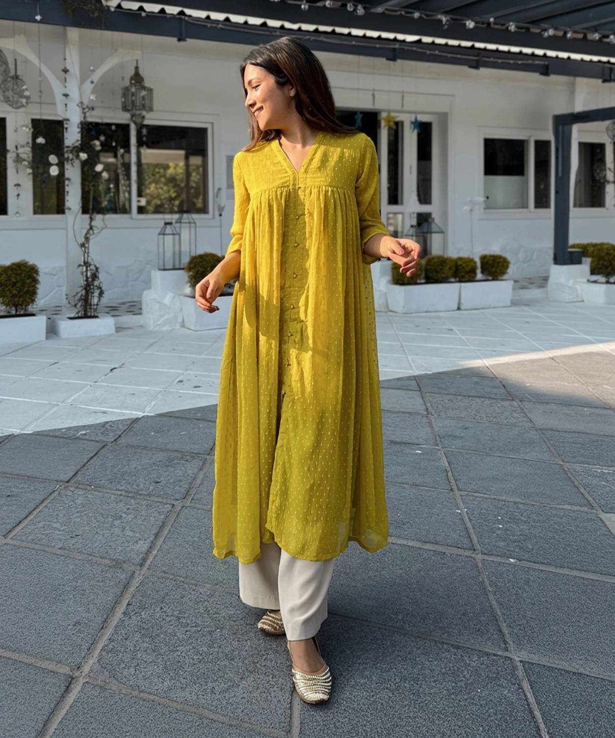 Janasya Women Self Design Chiffon Flared Kurta (Yellow)