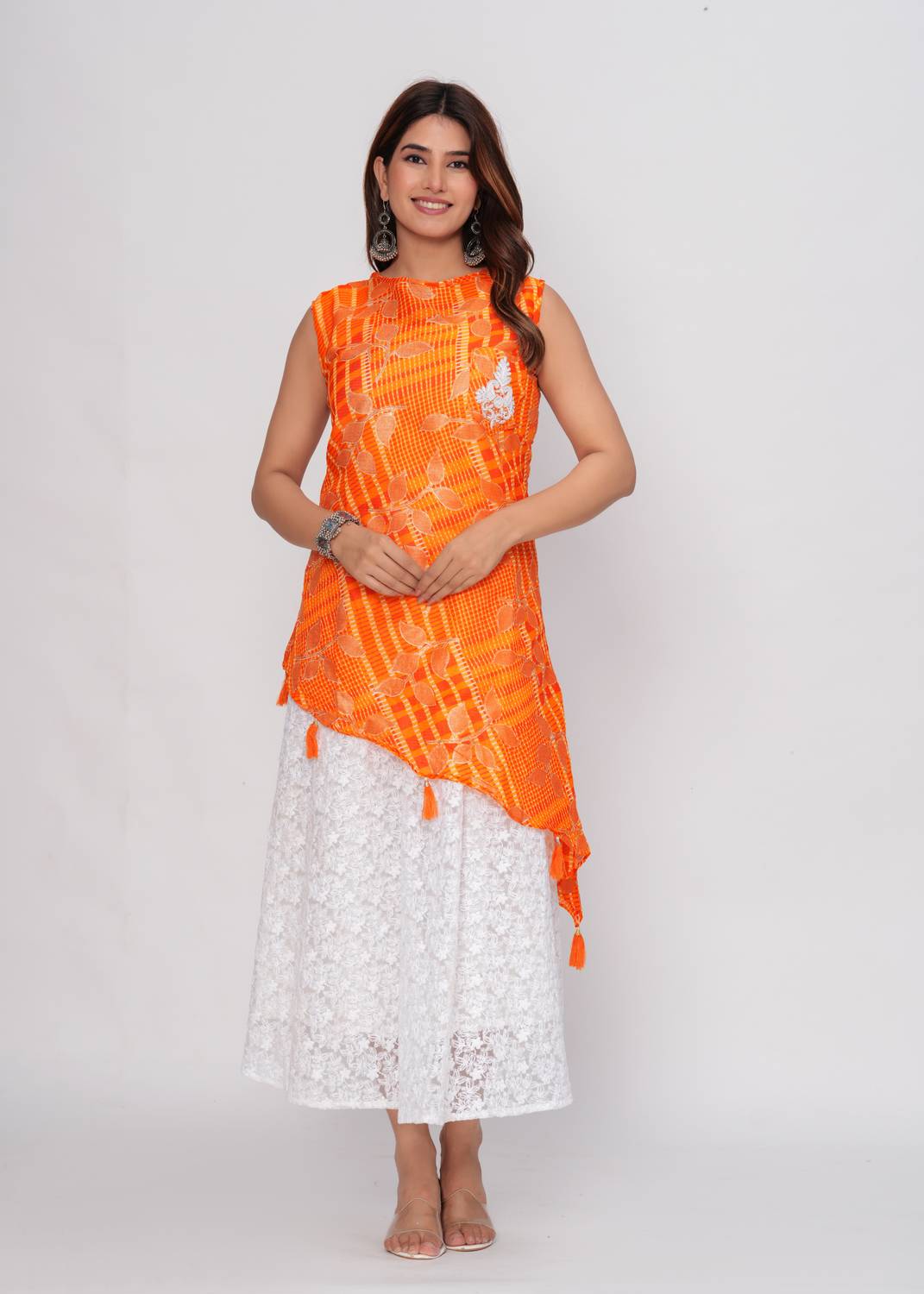 AD4U Pack of 2 Chikan Embroidery Chiffon Flared Kurta for Women