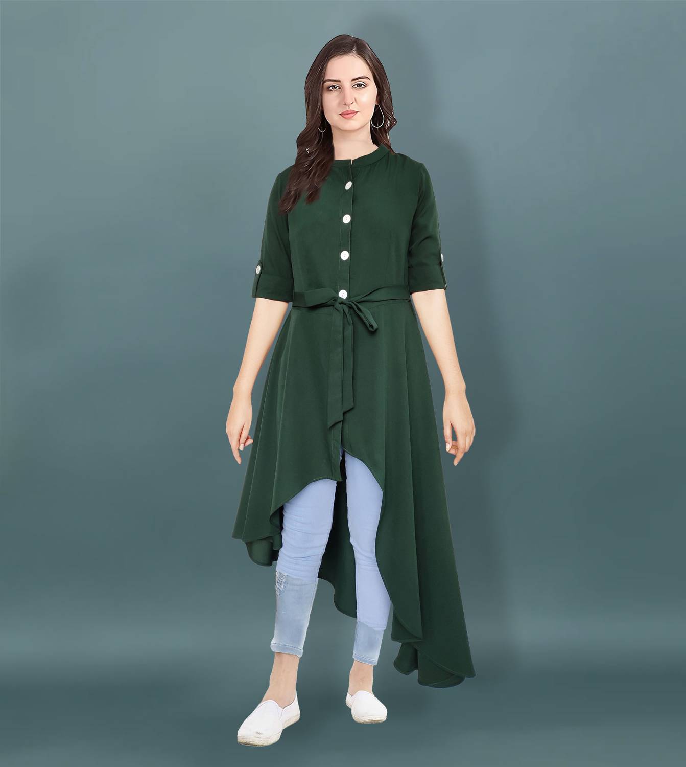 Glitter Fashion Women Solid Crepe Frontslit Kurta (Dark Green)