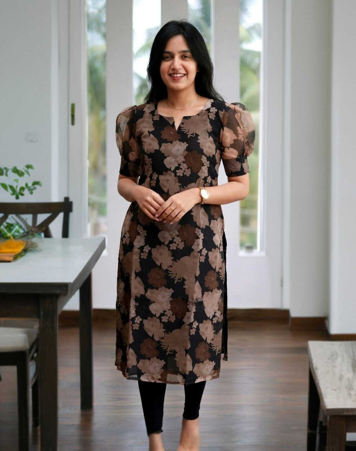 Image of KALAMKARI SOUTH Floral Print Organza Straight Kurta for Women (Multicolor)