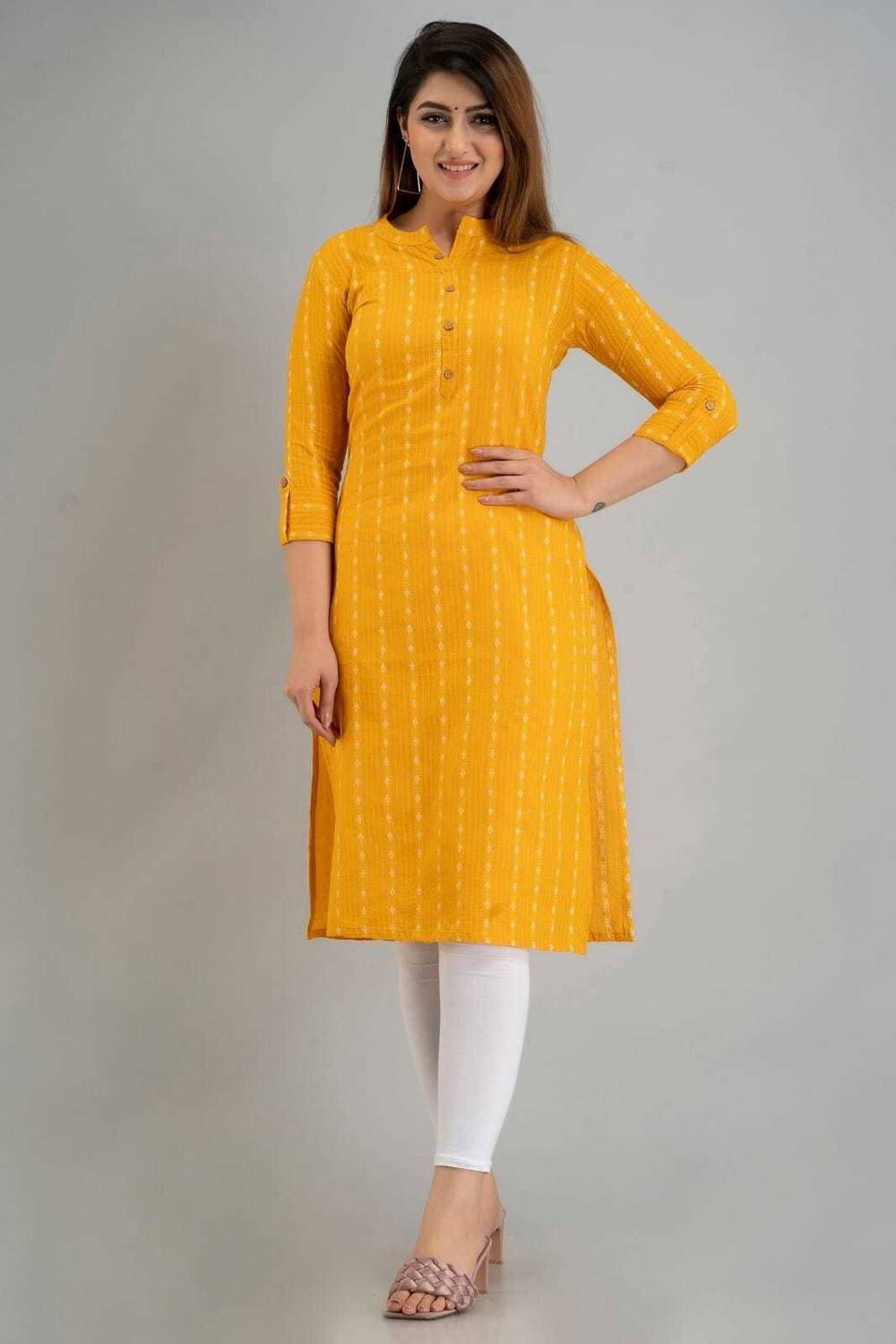 Ravi Collections Women Solid Pure Cotton Straight Kurta (Yellow)