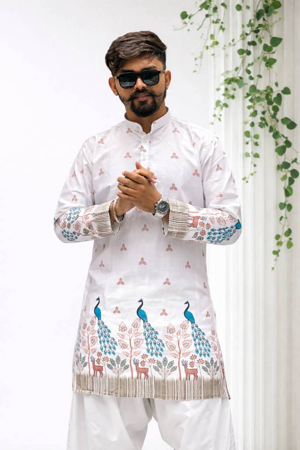 SANJU Men White Printed Straight Kurta - Image 1