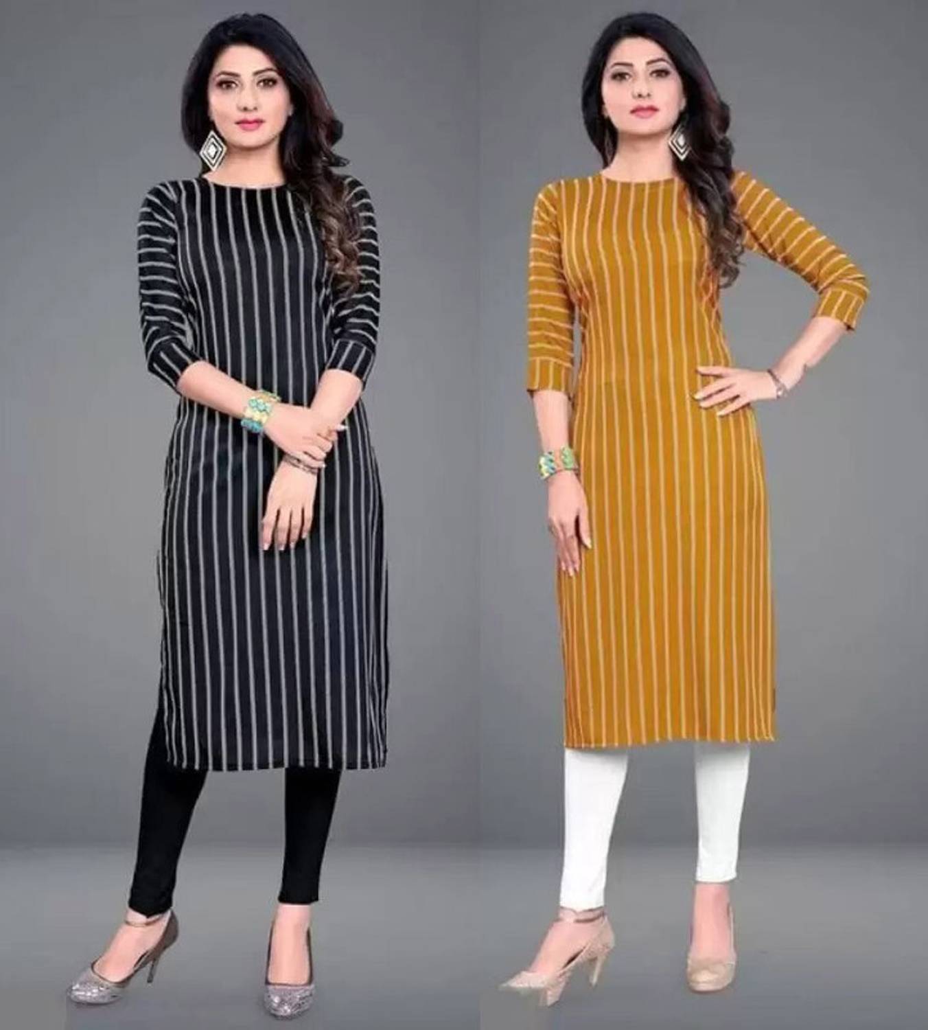 AK Fashion Pack of 2 Women Printed Crepe Straight Kurta (Black, Y