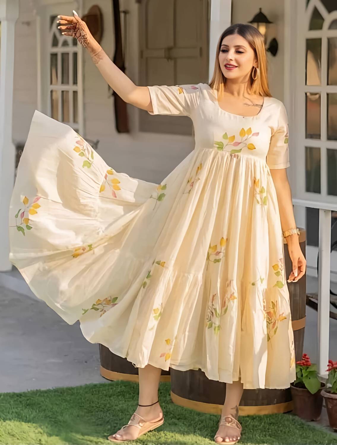 First Affair Women Printed Viscose Rayon Anarkali Kurta (Beige)