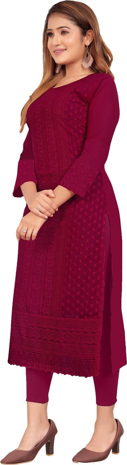 Image of ZAZADIYA IMPEX Women Chikan Embroidery A-line Kurta