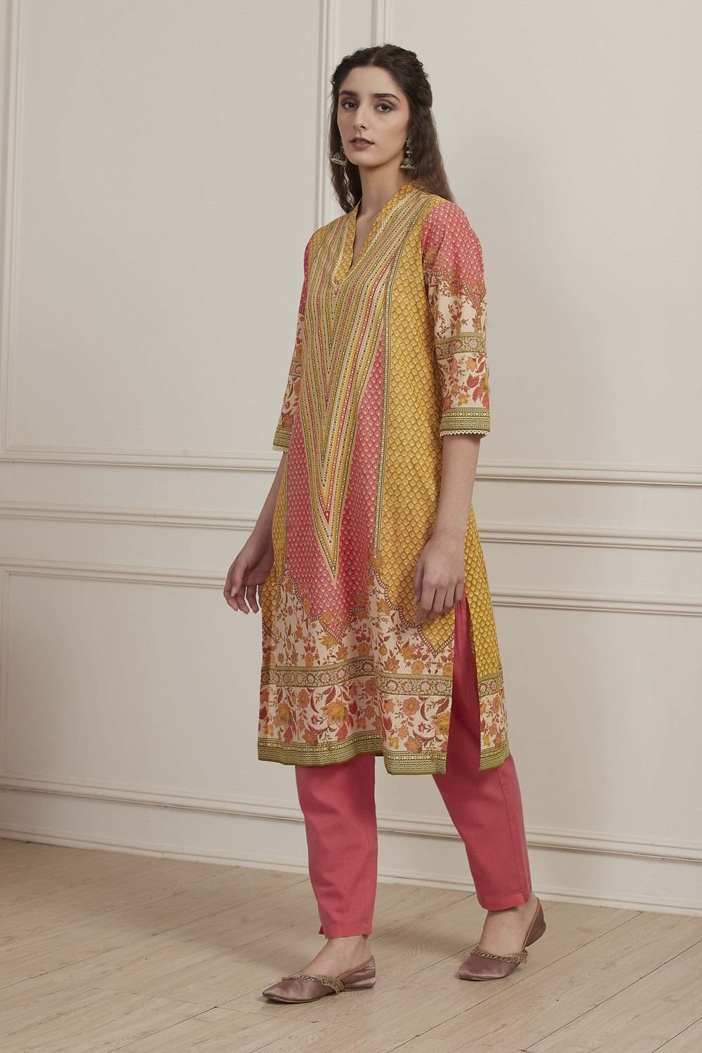 Image of BIBA Printed Pure Cotton Straight Kurta for Women (Yellow)