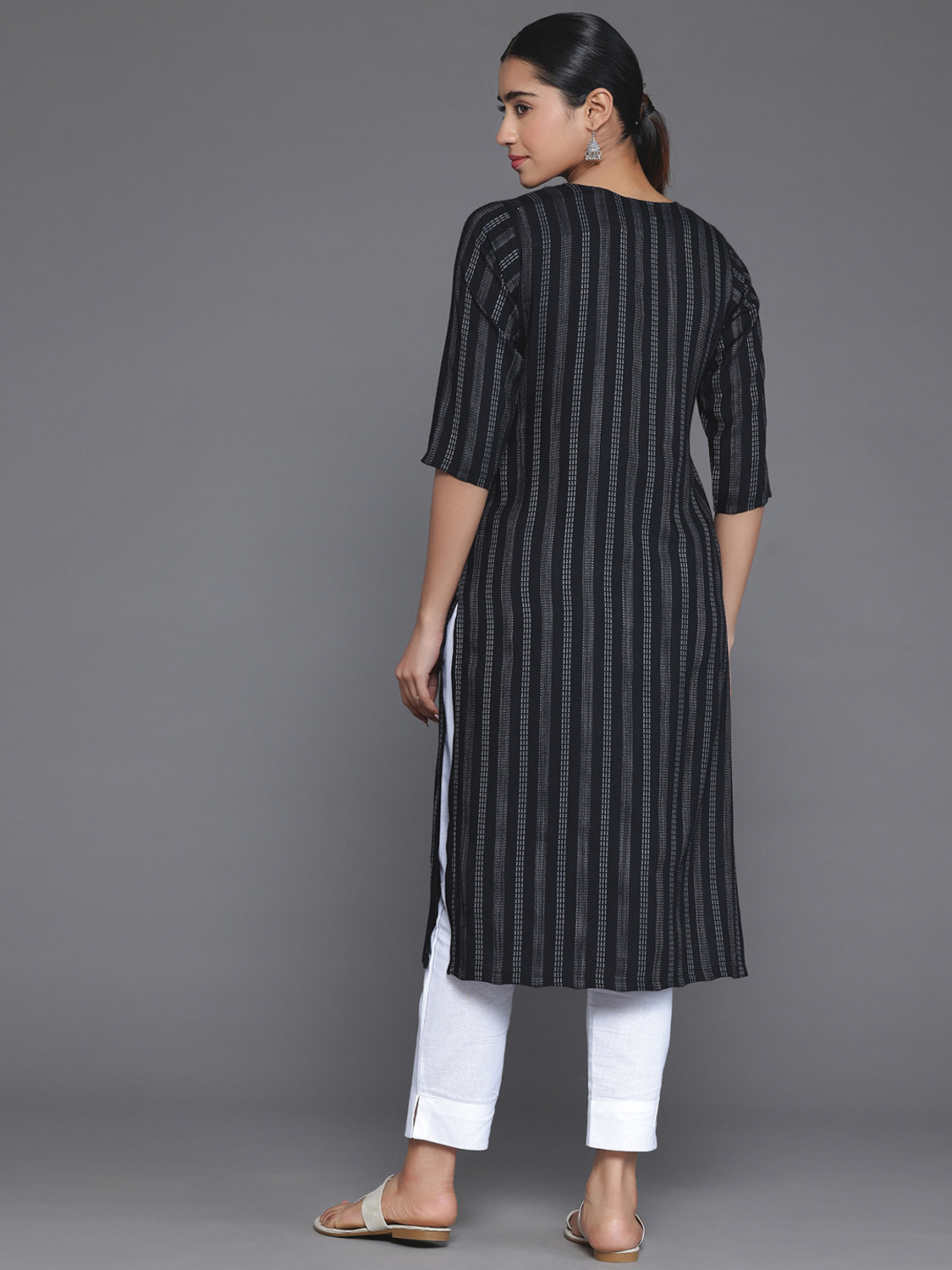 Image of LIBAS Striped Viscose Rayon Straight Kurta for Women (Dark Blue, Grey)