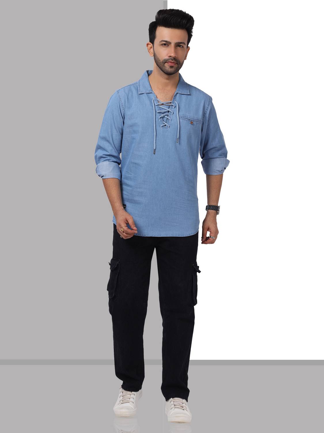 D Finish Men Blue Solid Straight Kurta - Image 5