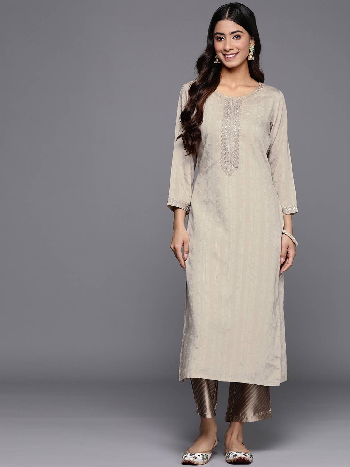 LIBAS Women Woven Design Viscose Rayon Straight Kurta (Beige)