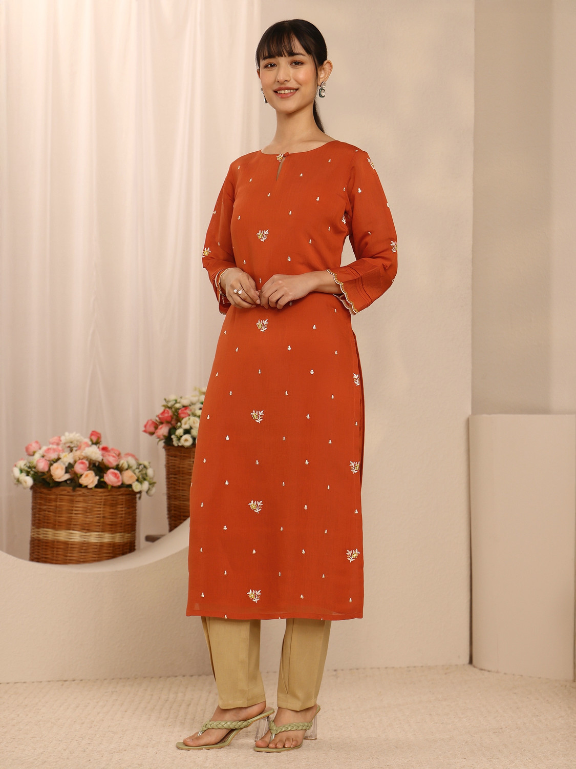 Image of LIBAS Printed Chanderi Straight Kurta for Women (Orange)