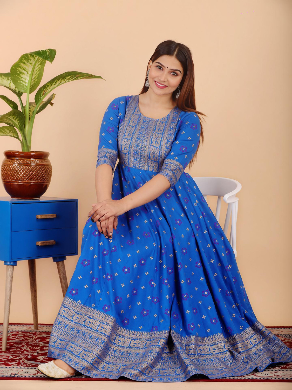 Image of AASHLEY Printed Cotton Rayon Anarkali Kurta for Women (Blue)