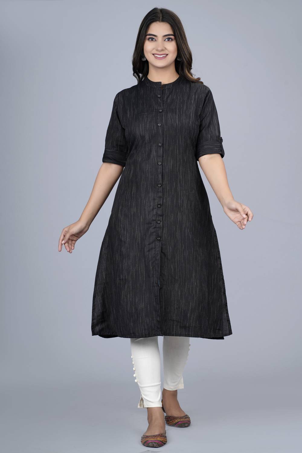 Dizon Women Solid Cotton Blend A-line Kurta (Black)