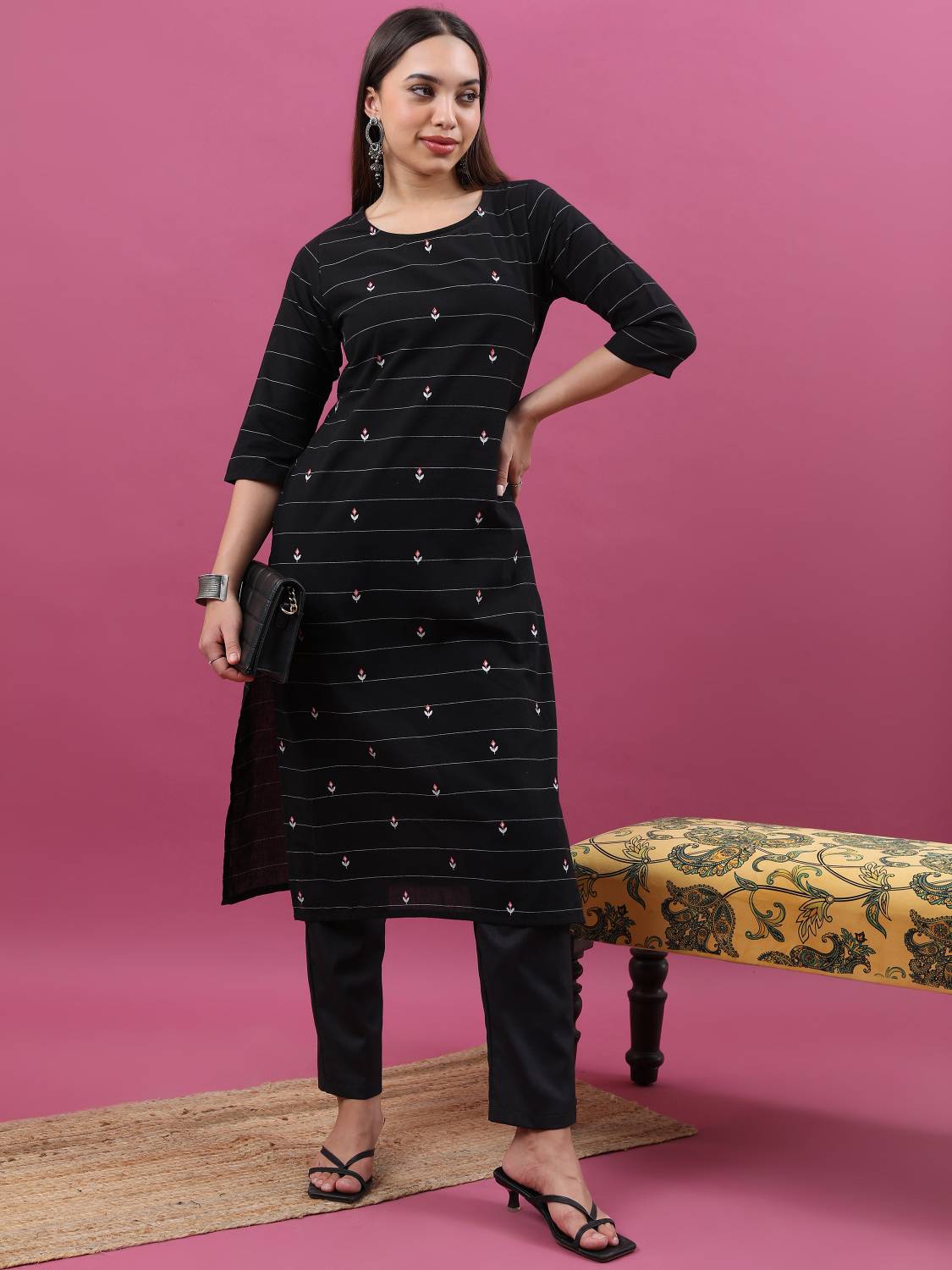 Vishudh Women Striped Pure Cotton Straight Kurta (Black)