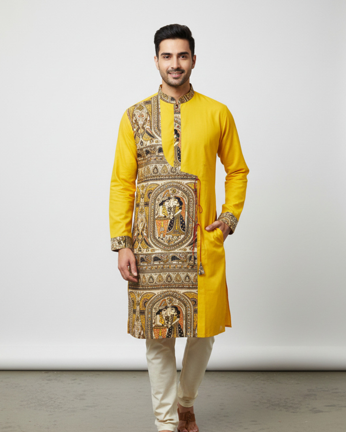 Image of GaurikDresses Printed Pure Cotton Straight Kurta for Men (Yellow)