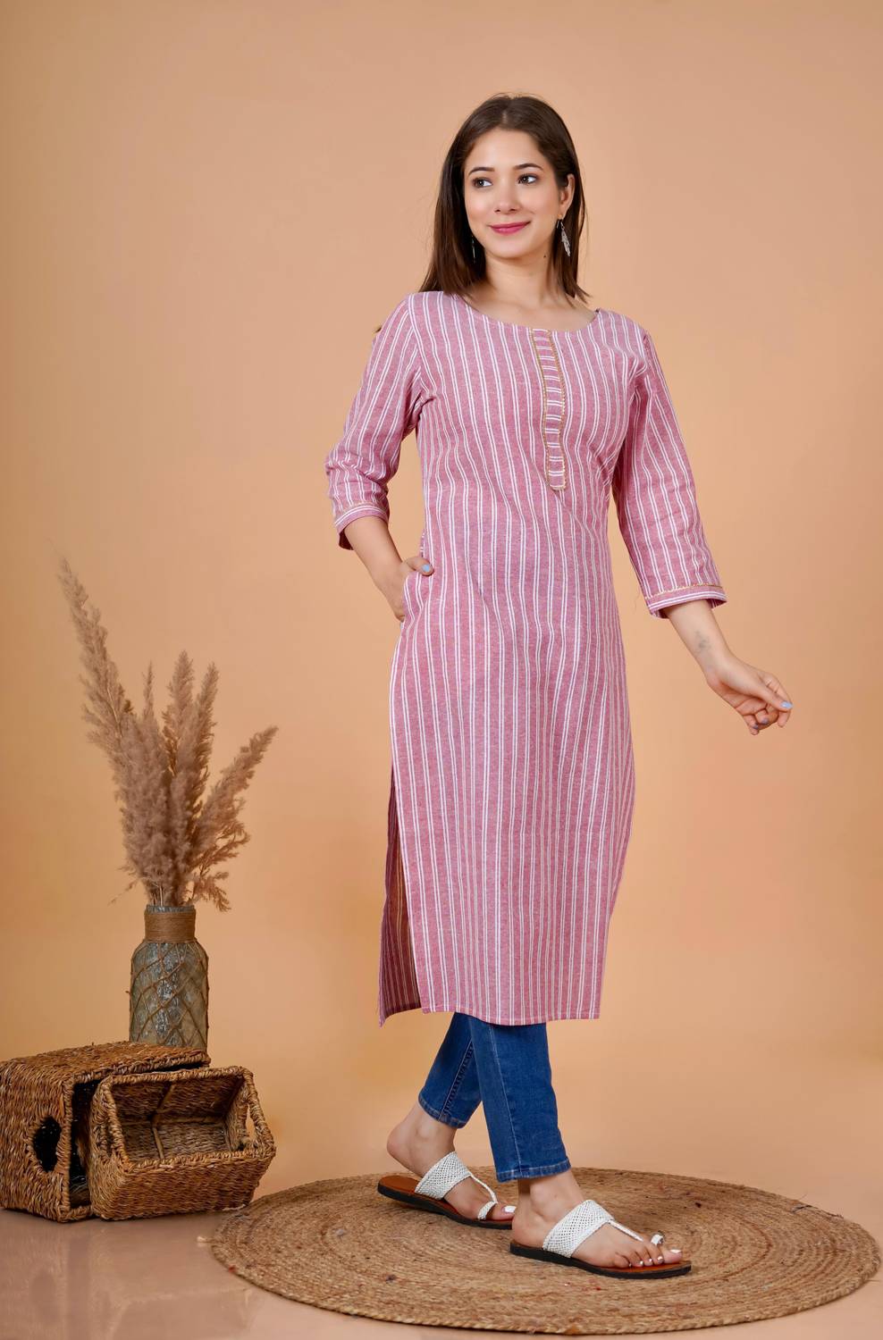 Rimeline Women Striped Pure Cotton Straight Kurta (Pink)