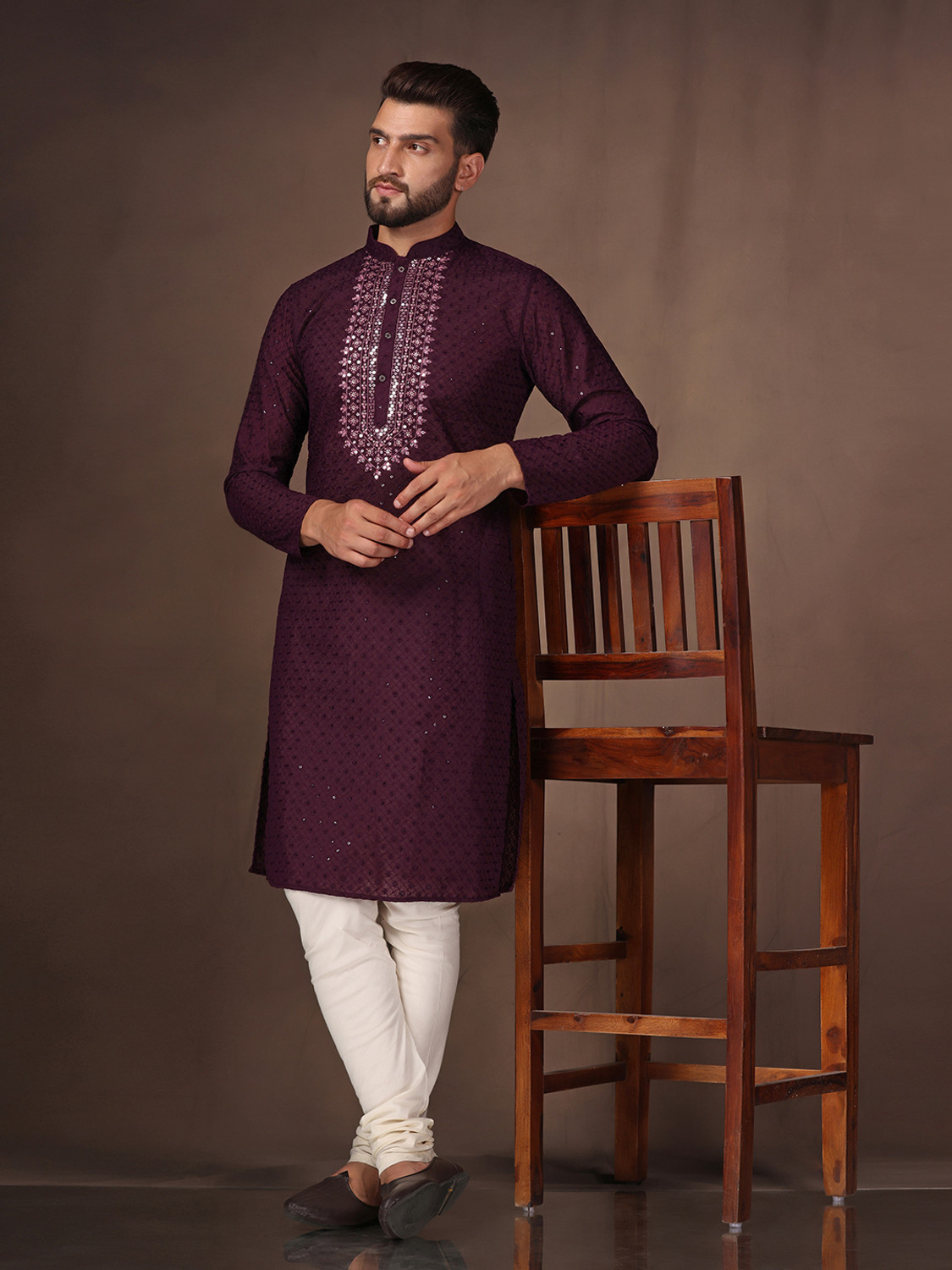 Image of Kisah Embellished Cotton Blend Straight Kurta for Men (Maroon)