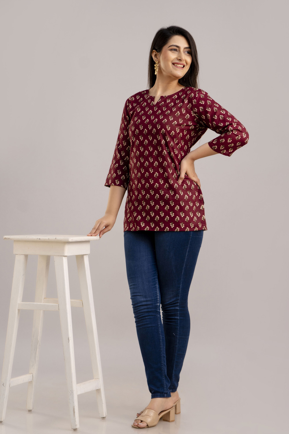 Image of New RJP Craft Casual Printed Women Maroon Top