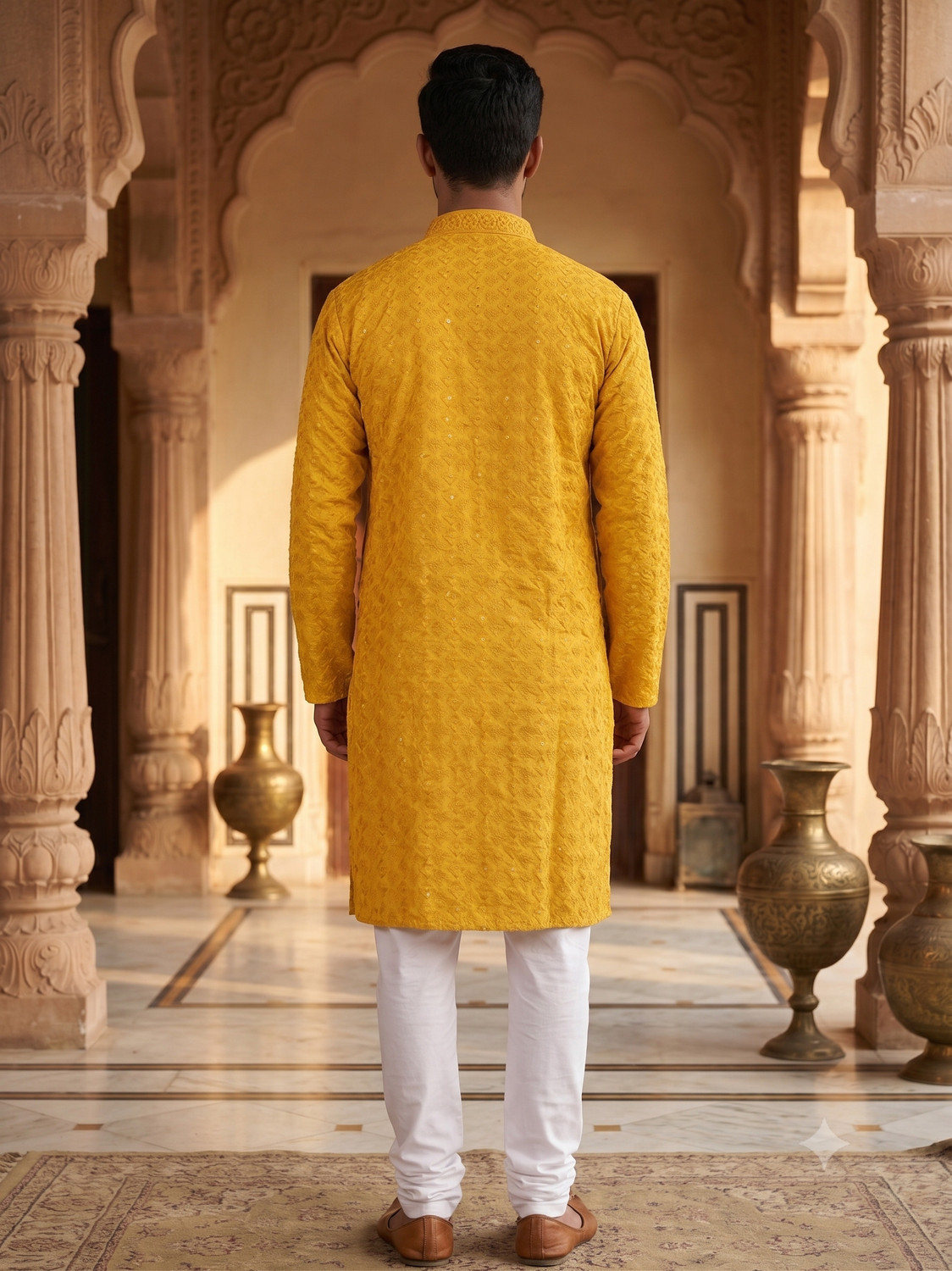 Image of ADHIRAJAN Embroidered Cotton Blend Straight Kurta for Men (Yellow)